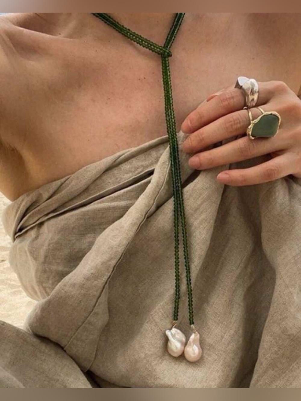 Free People Green Beaded Lariat Necklace with Pearl Drops